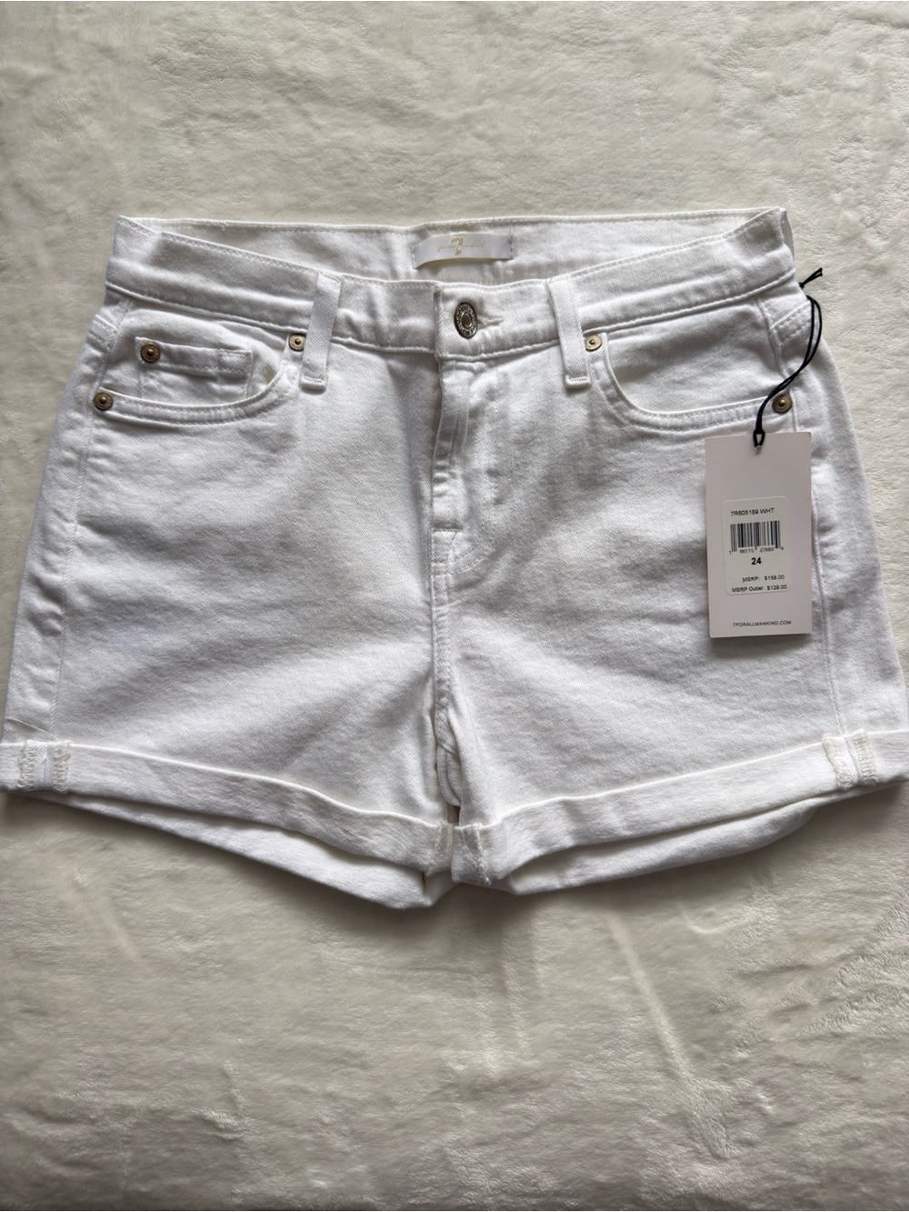 7 For All Mankind White Denim Roll-Hem Shorts